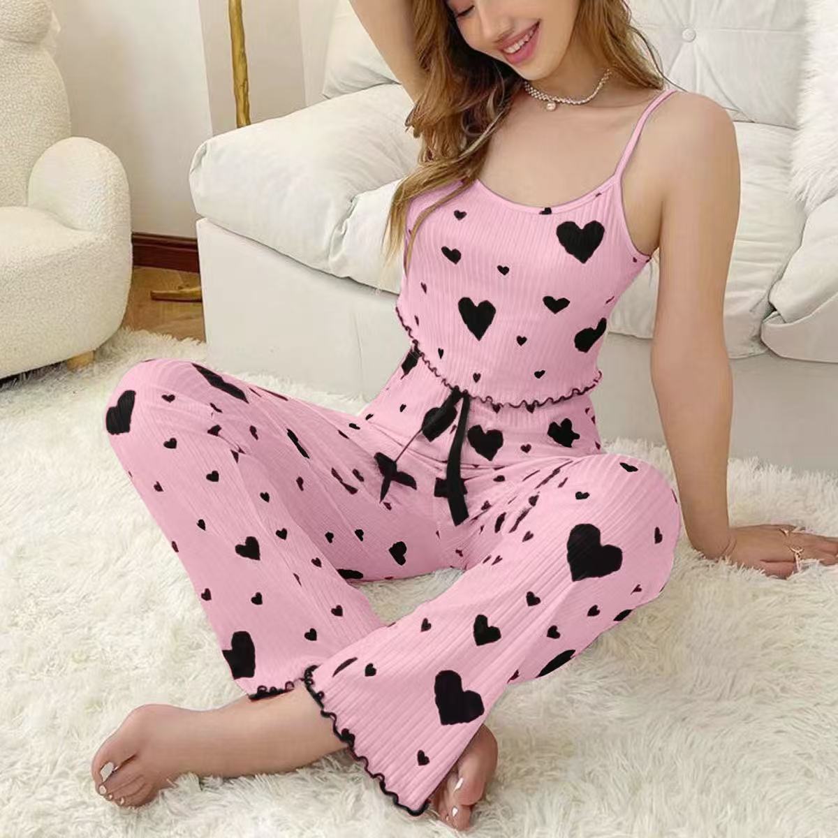 Damen 2-Teilig Geripptes Pyjama-Set Mit Herzdruck Trägertop Und Langen Hosen Loungewear