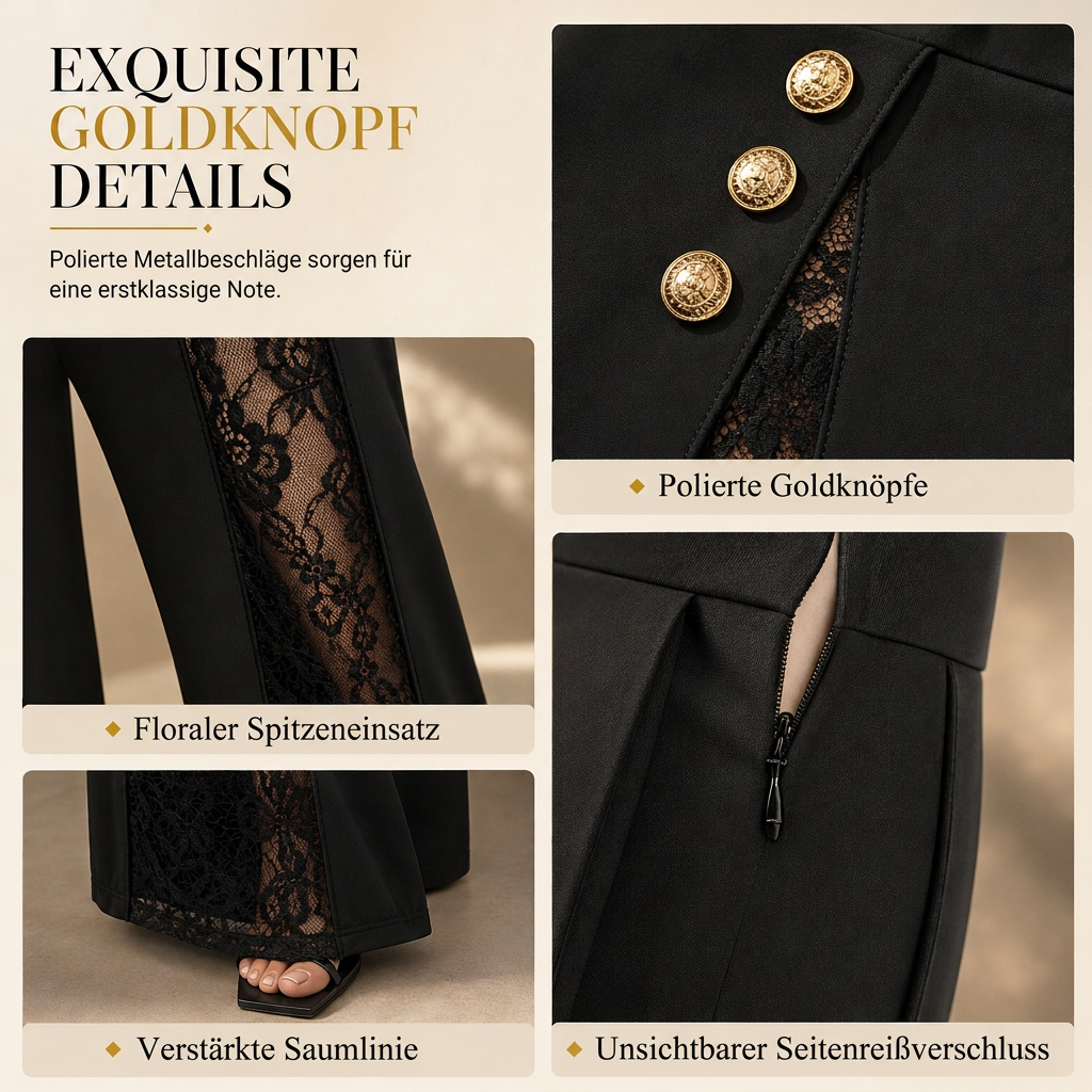 🔥Beliebtes Produkt ！✨Damen High-Waist-Hose mit Spitzeneinsatz, weitem Bein und dekorativen Goldknöpfen