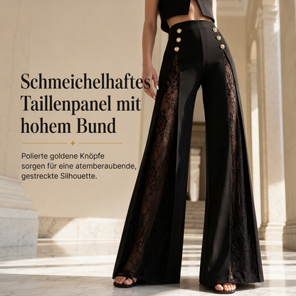 🔥Beliebtes Produkt ！✨Damen High-Waist-Hose mit Spitzeneinsatz, weitem Bein und dekorativen Goldknöpfen