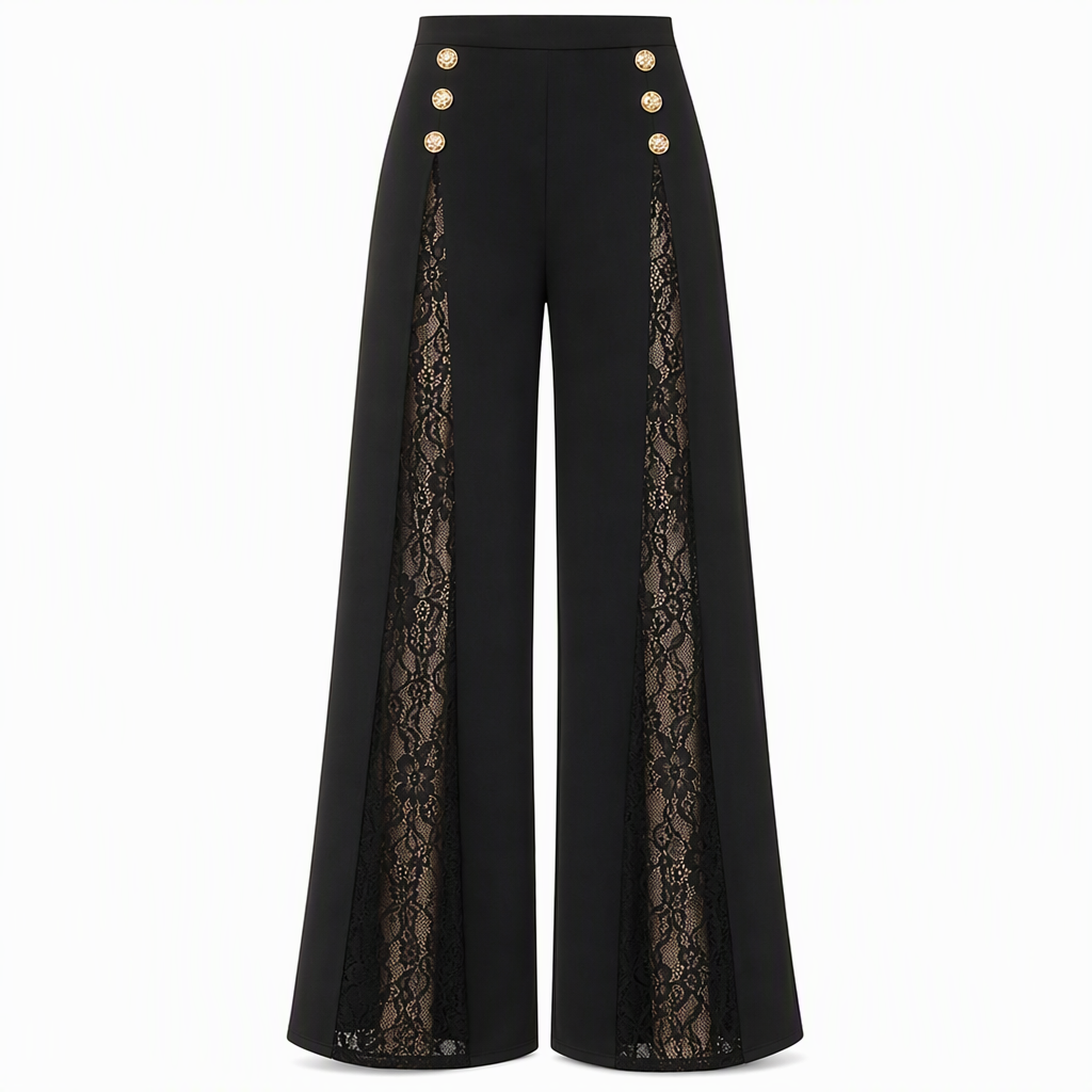 🔥Beliebtes Produkt ！✨Damen High-Waist-Hose mit Spitzeneinsatz, weitem Bein und dekorativen Goldknöpfen