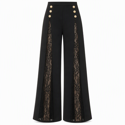 🔥Beliebtes Produkt ！✨Damen High-Waist-Hose mit Spitzeneinsatz, weitem Bein und dekorativen Goldknöpfen