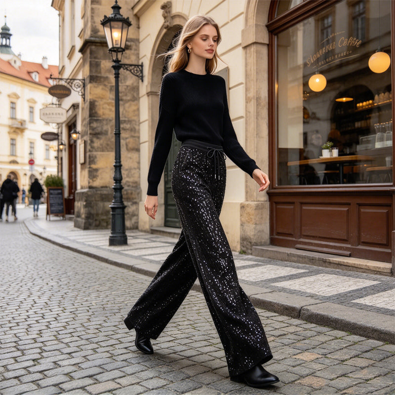 🔥 Mode-Bestseller – jetzt 50% Rabatt! 🏆 Damen funkelnde Pailletten-Weitbeinhose
