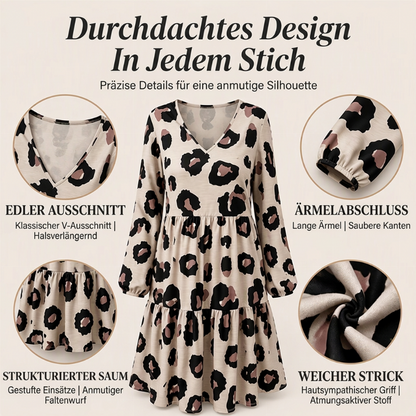 Damen Kleid mit Leopardenmuster, V-Ausschnitt und langen Ärmeln