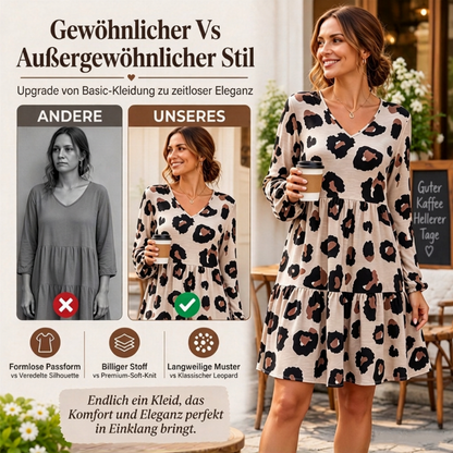 Damen Kleid mit Leopardenmuster, V-Ausschnitt und langen Ärmeln