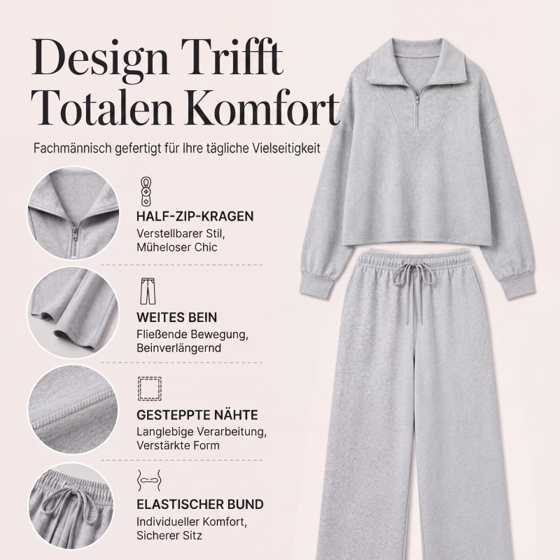 🔥Beliebtes Produkt ！✨Damen-Set mit halbem Reißverschluss, Kragenoberteil und weiten Hosen