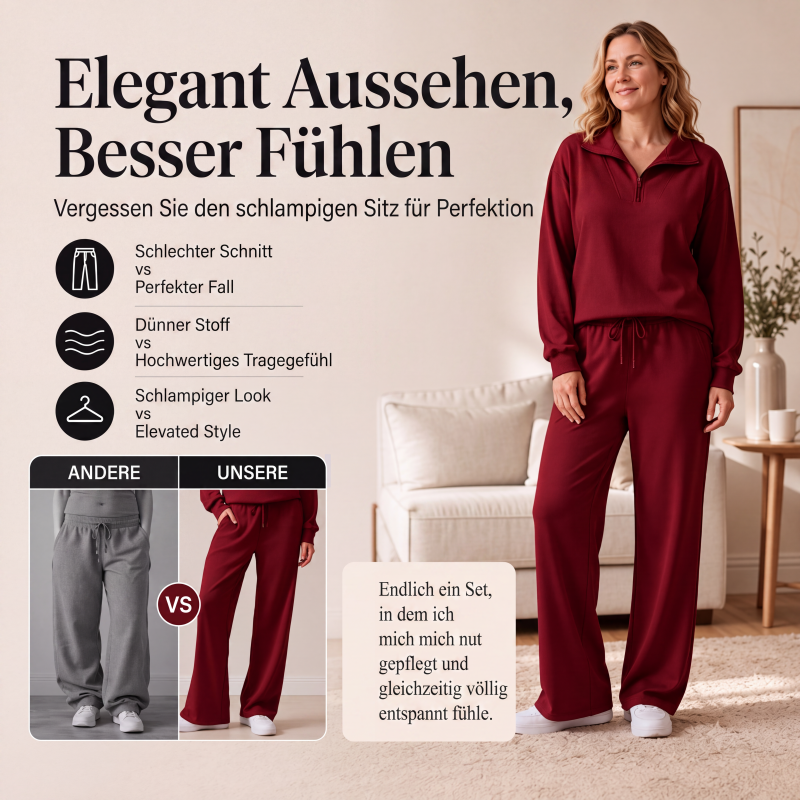🔥Beliebtes Produkt ！✨Damen-Set mit halbem Reißverschluss, Kragenoberteil und weiten Hosen