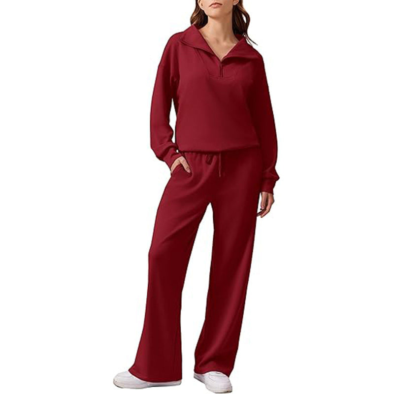 🔥Beliebtes Produkt ！✨Damen-Set mit halbem Reißverschluss, Kragenoberteil und weiten Hosen