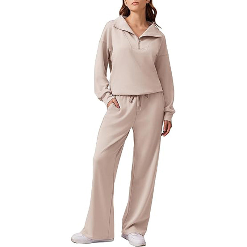 🔥Beliebtes Produkt ！✨Damen-Set mit halbem Reißverschluss, Kragenoberteil und weiten Hosen