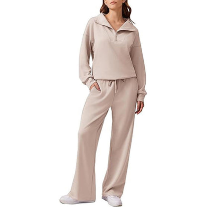🔥Beliebtes Produkt ！✨Damen-Set mit halbem Reißverschluss, Kragenoberteil und weiten Hosen