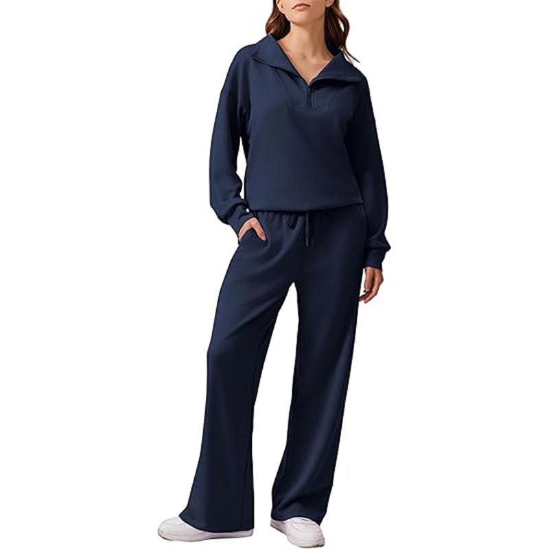 🔥Beliebtes Produkt ！✨Damen-Set mit halbem Reißverschluss, Kragenoberteil und weiten Hosen