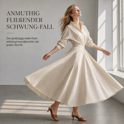 Elegantes Damen Baumwoll-Leinenschrankfarbenes Hemdkleid mit Umlegekragen, elastischer Taille und ausgestellter Schwingsaum