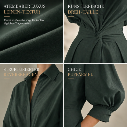 Elegantes Damen Baumwoll-Leinenschrankfarbenes Hemdkleid mit Umlegekragen, elastischer Taille und ausgestellter Schwingsaum