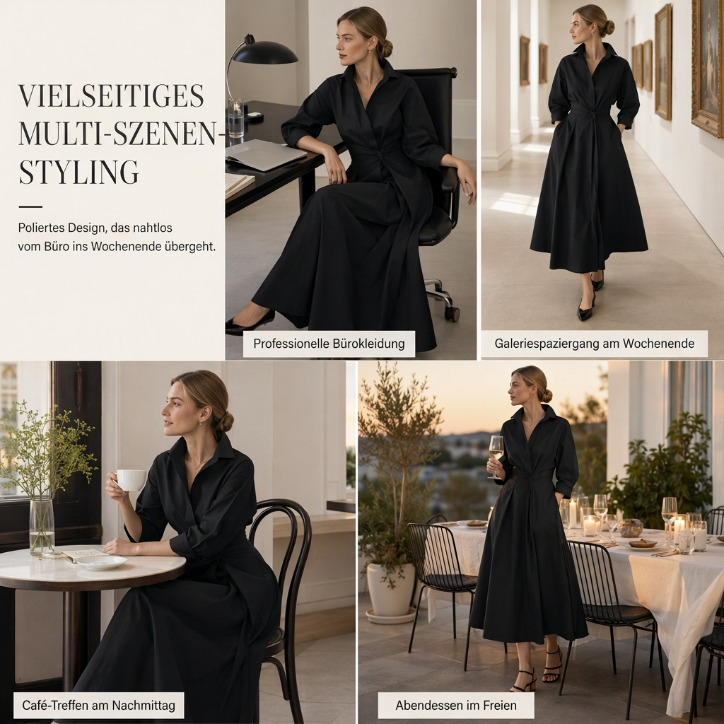 Elegantes Damen Baumwoll-Leinenschrankfarbenes Hemdkleid mit Umlegekragen, elastischer Taille und ausgestellter Schwingsaum