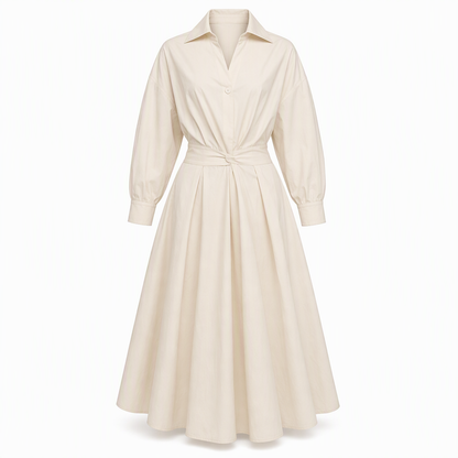 Elegantes Damen Baumwoll-Leinenschrankfarbenes Hemdkleid mit Umlegekragen, elastischer Taille und ausgestellter Schwingsaum