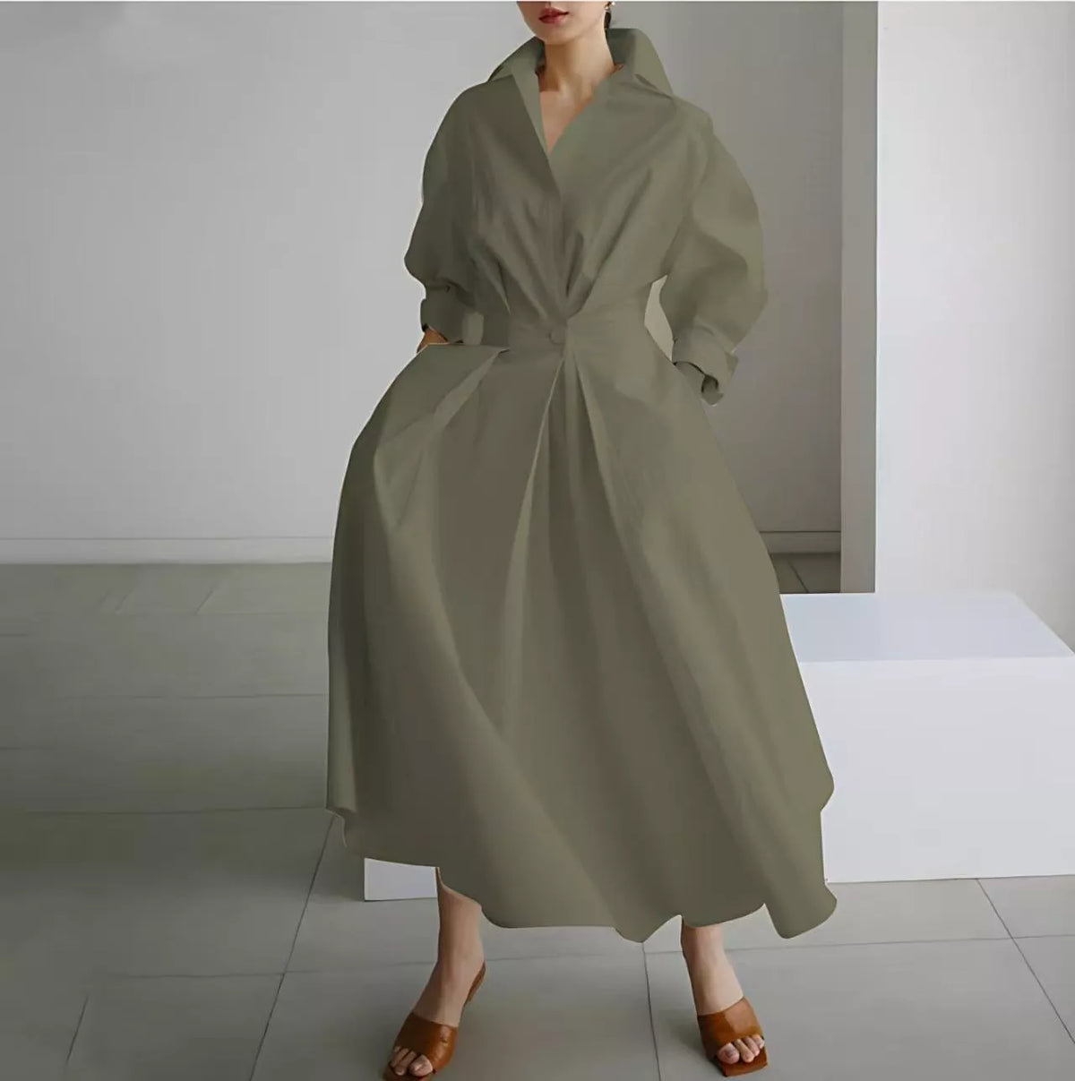Elegantes Damen Baumwoll-Leinenschrankfarbenes Hemdkleid mit Umlegekragen, elastischer Taille und ausgestellter Schwingsaum