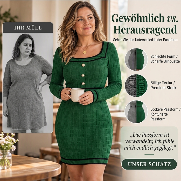 Elegantes körperbetontes Damenstrickkleid mit quadratischem Ausschnitt