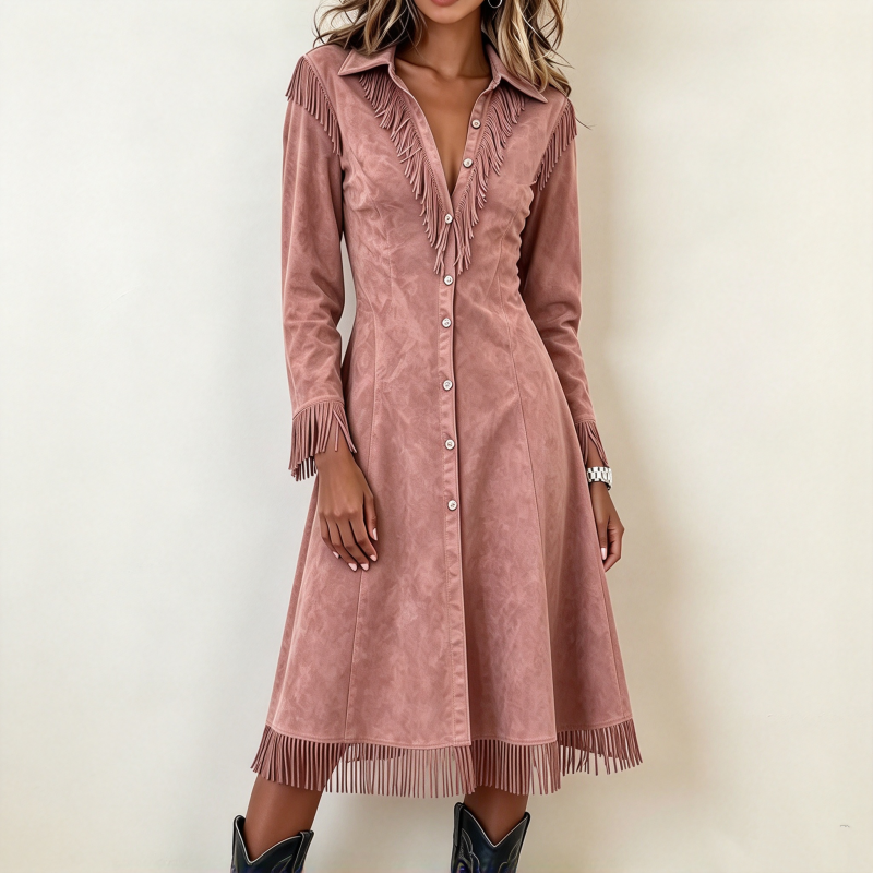 ⏰ Countdown läuft – 50% nur noch 3 Tage! Damen Vintage Langarm Fransenkleid