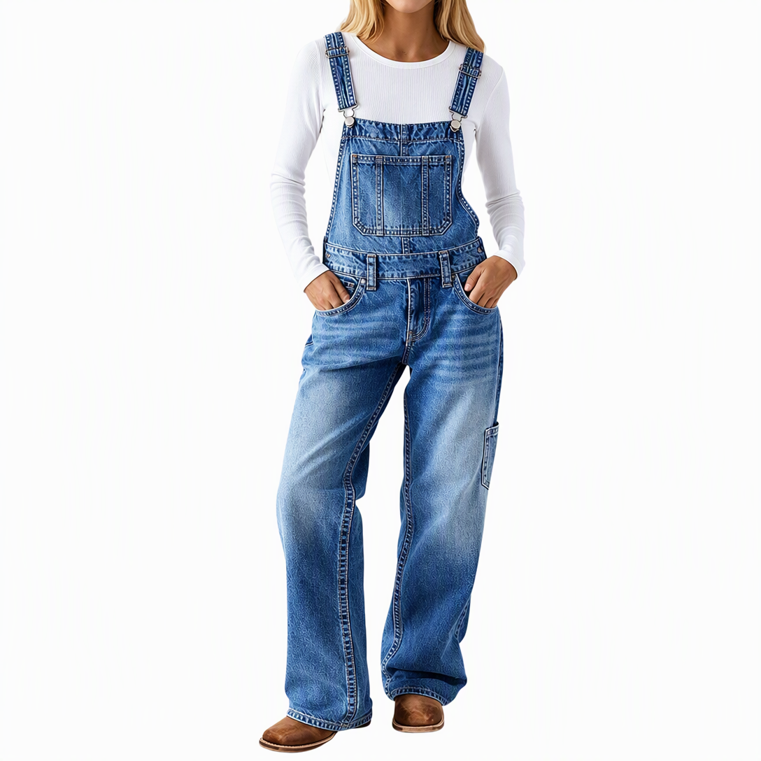 📢🎉50%Rabatt!!!🛍️✨Damen dehnbare Jeans-Latzhose mit weitem Bein und verstellbaren Trägern
