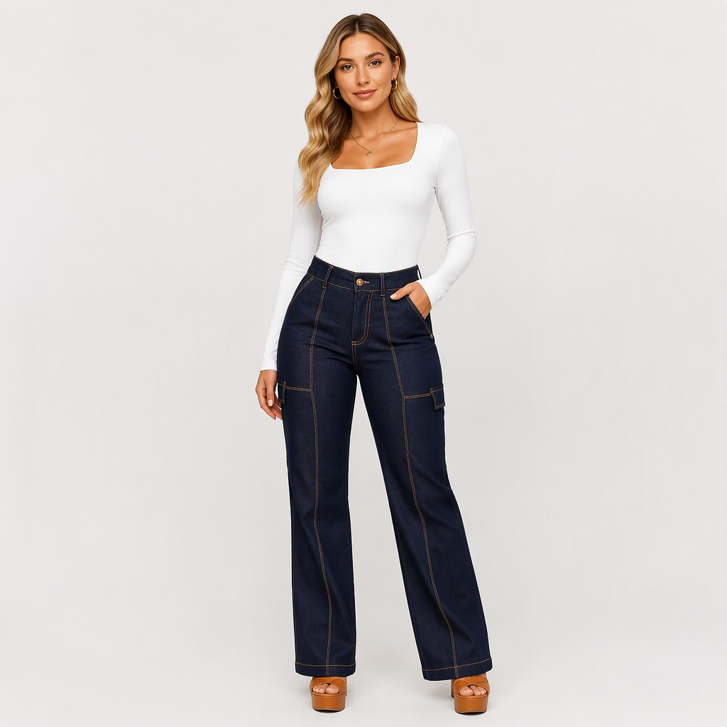 🎁Neu eingetroffen: 50% Rabatt! Damen Jeans mit hohem Bund, kontrastfarbiger Ziernaht und weitem Bein