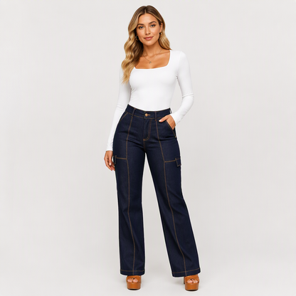 🎁Neu eingetroffen: 50% Rabatt! Damen Jeans mit hohem Bund, kontrastfarbiger Ziernaht und weitem Bein