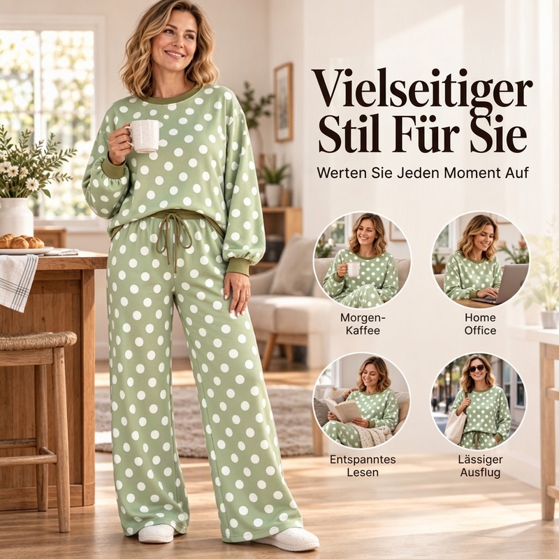Damen Punktepullover & Weites Bein Hosen Set