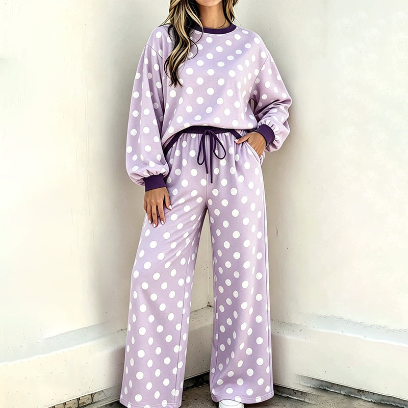 Damen Punktepullover & Weites Bein Hosen Set
