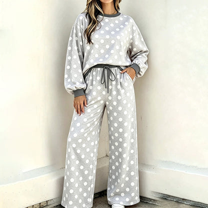 Damen Punktepullover & Weites Bein Hosen Set