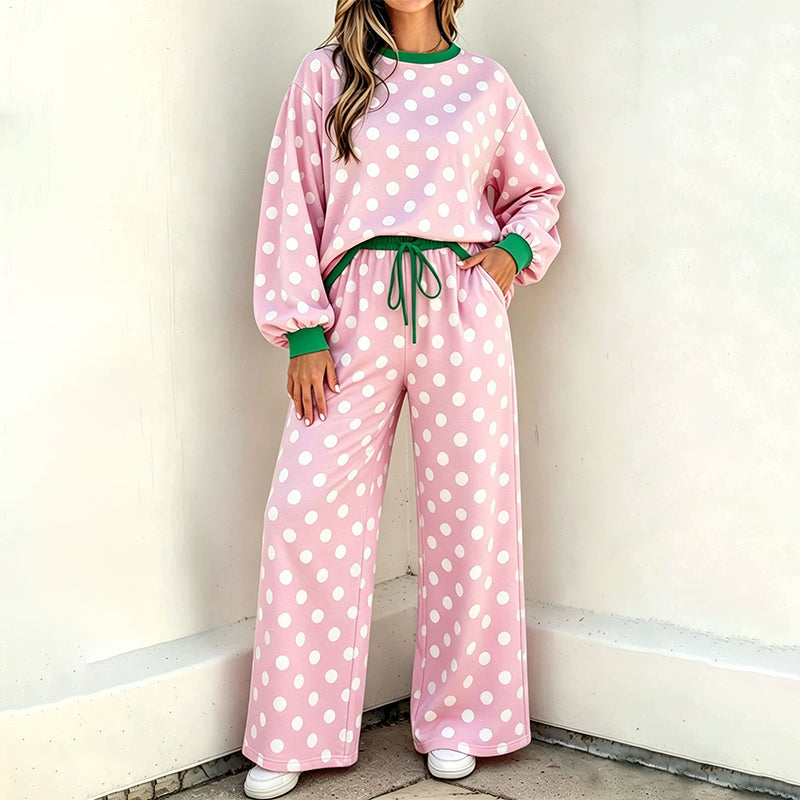 Damen Punktepullover & Weites Bein Hosen Set