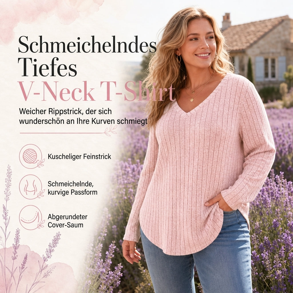 📢🎉50%Rabatt!!!🛍️✨Damen Übergrößen V-Ausschnitt Langarm Geripptes Gebürstetes T-Shirt Locker Sitzendes Einfarbiges Pullover-Oberteil