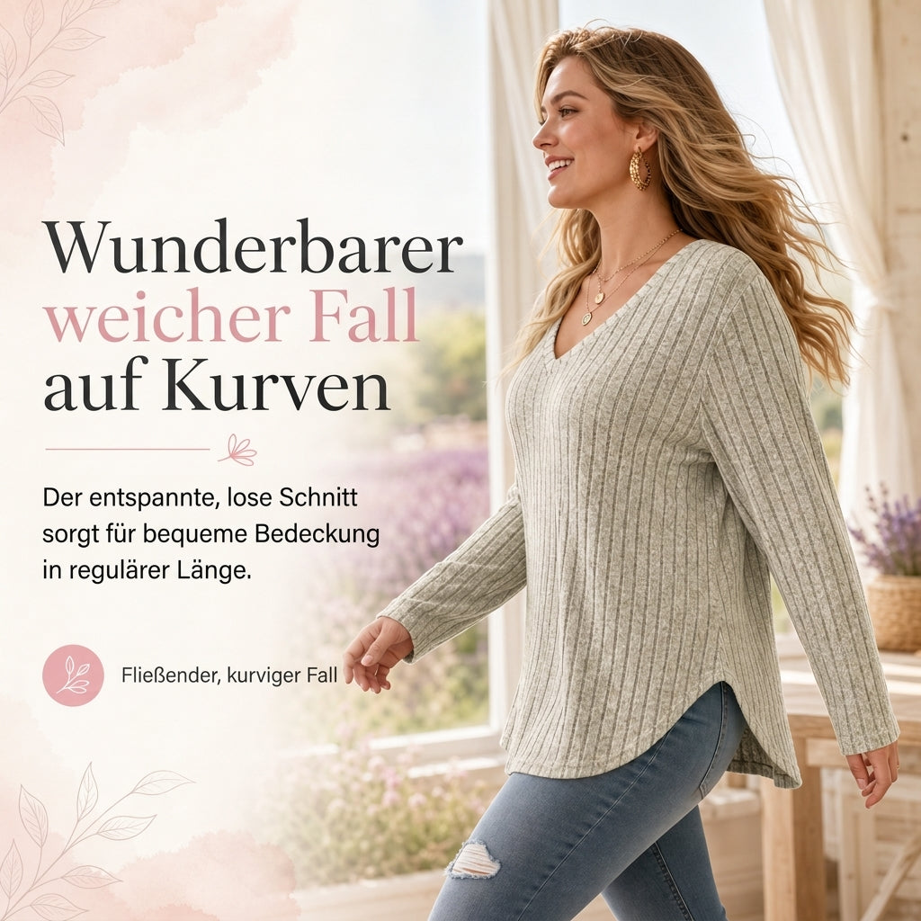 📢🎉50%Rabatt!!!🛍️✨Damen Übergrößen V-Ausschnitt Langarm Geripptes Gebürstetes T-Shirt Locker Sitzendes Einfarbiges Pullover-Oberteil