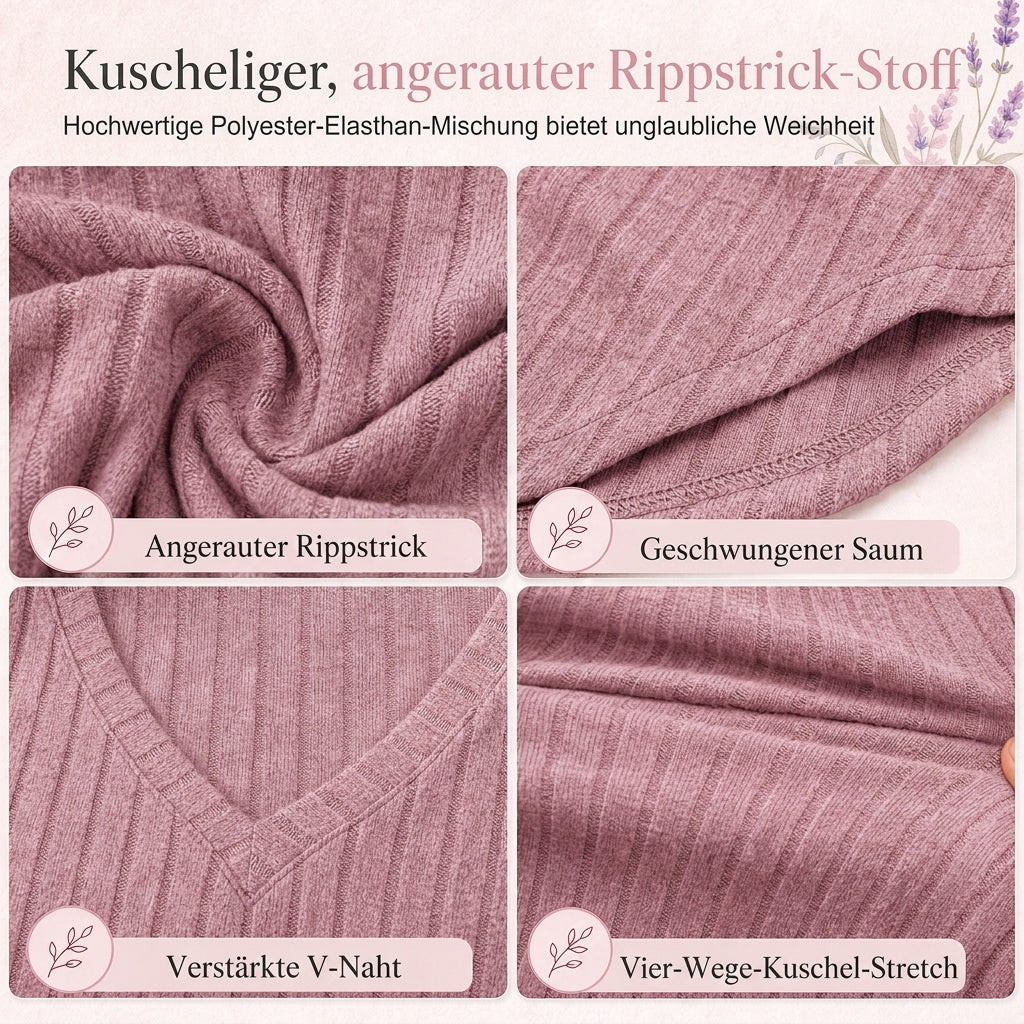 📢🎉50%Rabatt!!!🛍️✨Damen Übergrößen V-Ausschnitt Langarm Geripptes Gebürstetes T-Shirt Locker Sitzendes Einfarbiges Pullover-Oberteil