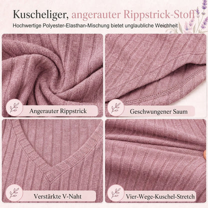 📢🎉50%Rabatt!!!🛍️✨Damen Übergrößen V-Ausschnitt Langarm Geripptes Gebürstetes T-Shirt Locker Sitzendes Einfarbiges Pullover-Oberteil