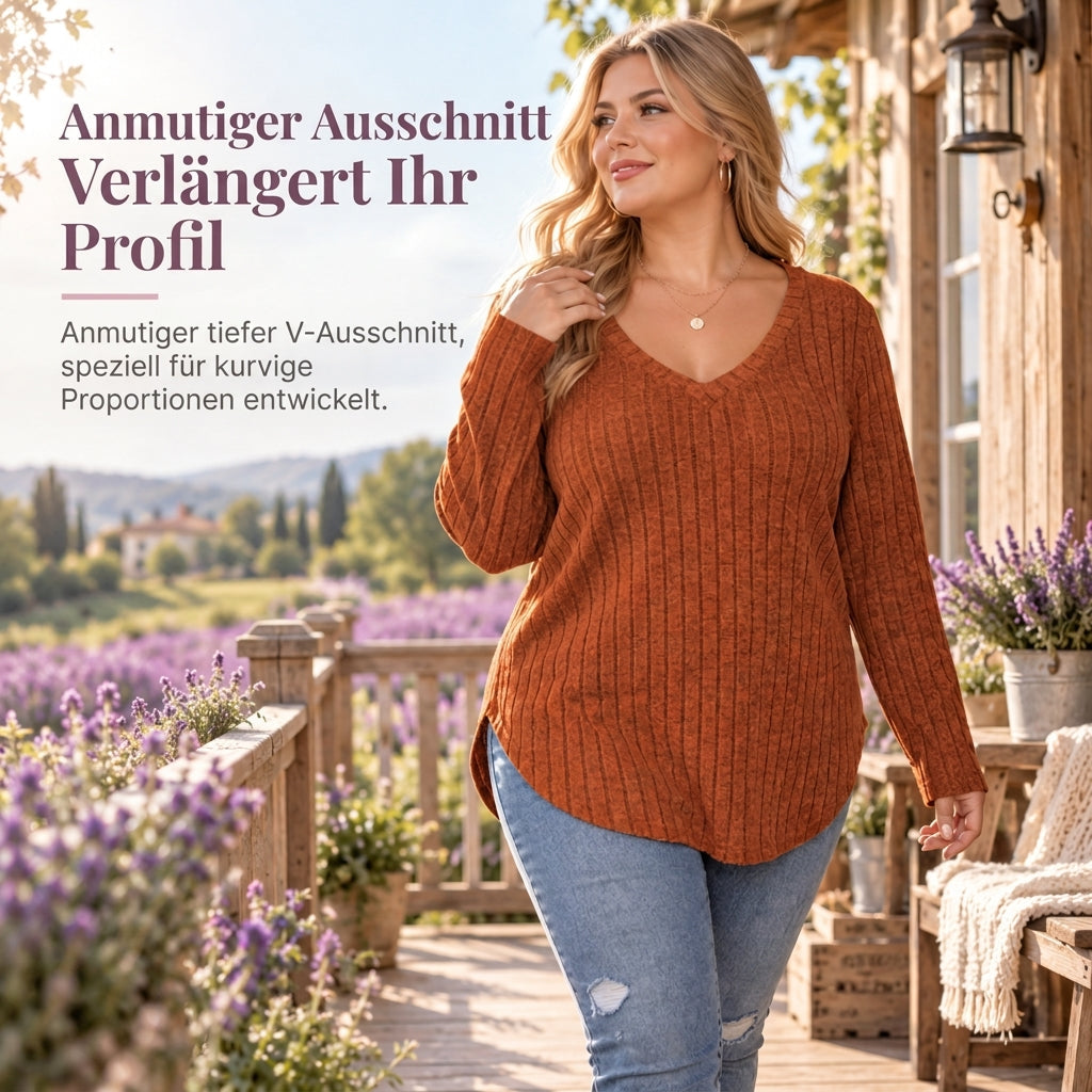 📢🎉50%Rabatt!!!🛍️✨Damen Übergrößen V-Ausschnitt Langarm Geripptes Gebürstetes T-Shirt Locker Sitzendes Einfarbiges Pullover-Oberteil