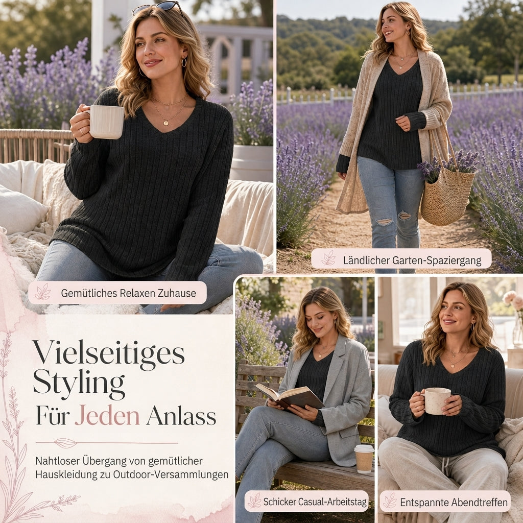📢🎉50%Rabatt!!!🛍️✨Damen Übergrößen V-Ausschnitt Langarm Geripptes Gebürstetes T-Shirt Locker Sitzendes Einfarbiges Pullover-Oberteil