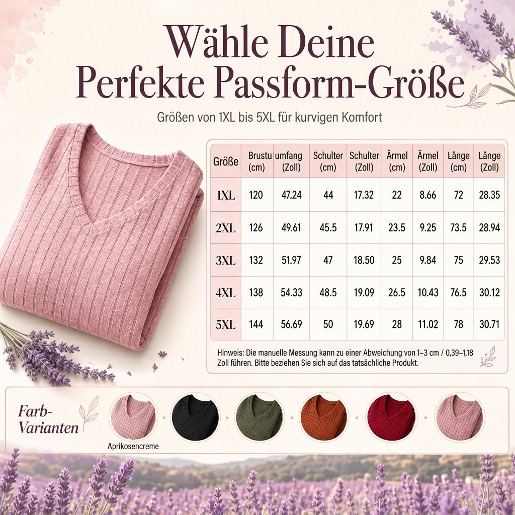📢🎉50%Rabatt!!!🛍️✨Damen Übergrößen V-Ausschnitt Langarm Geripptes Gebürstetes T-Shirt Locker Sitzendes Einfarbiges Pullover-Oberteil