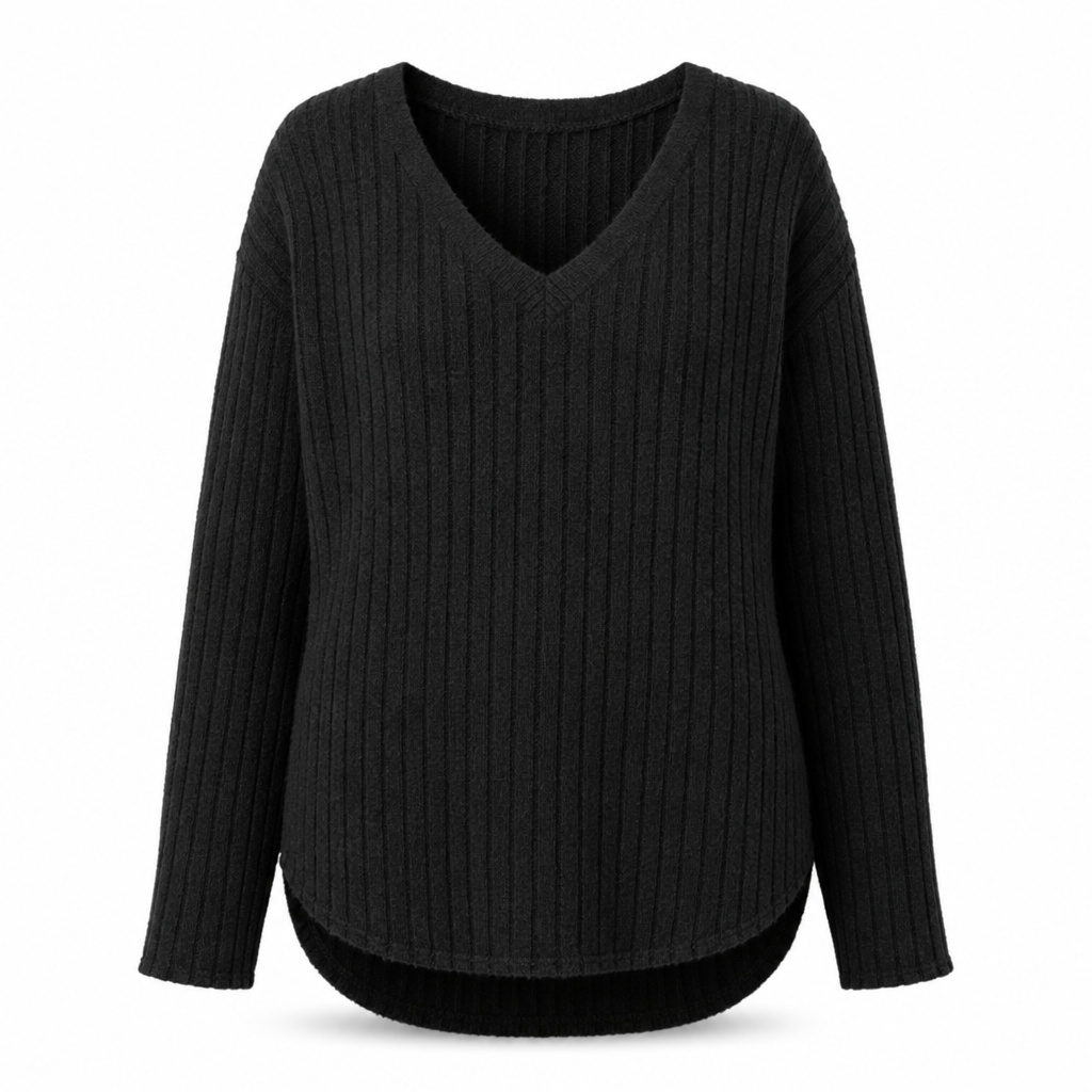 📢🎉50%Rabatt!!!🛍️✨Damen Übergrößen V-Ausschnitt Langarm Geripptes Gebürstetes T-Shirt Locker Sitzendes Einfarbiges Pullover-Oberteil
