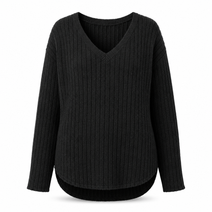 📢🎉50%Rabatt!!!🛍️✨Damen Übergrößen V-Ausschnitt Langarm Geripptes Gebürstetes T-Shirt Locker Sitzendes Einfarbiges Pullover-Oberteil