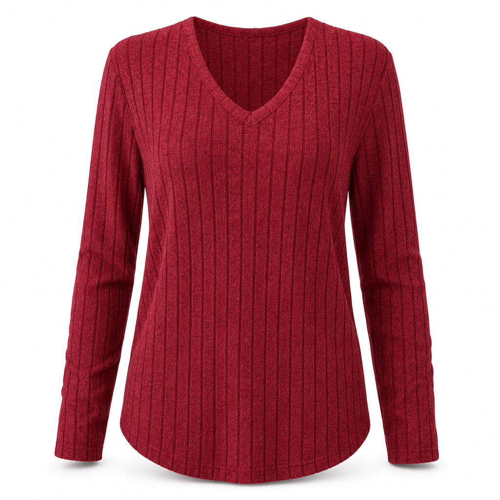 📢🎉50%Rabatt!!!🛍️✨Damen Übergrößen V-Ausschnitt Langarm Geripptes Gebürstetes T-Shirt Locker Sitzendes Einfarbiges Pullover-Oberteil