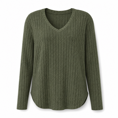 📢🎉50%Rabatt!!!🛍️✨Damen Übergrößen V-Ausschnitt Langarm Geripptes Gebürstetes T-Shirt Locker Sitzendes Einfarbiges Pullover-Oberteil