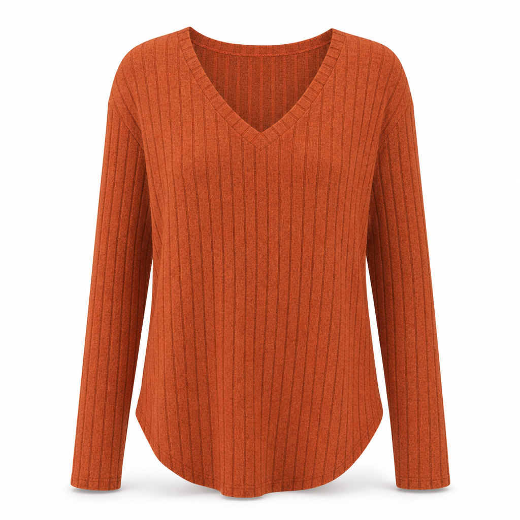 📢🎉50%Rabatt!!!🛍️✨Damen Übergrößen V-Ausschnitt Langarm Geripptes Gebürstetes T-Shirt Locker Sitzendes Einfarbiges Pullover-Oberteil