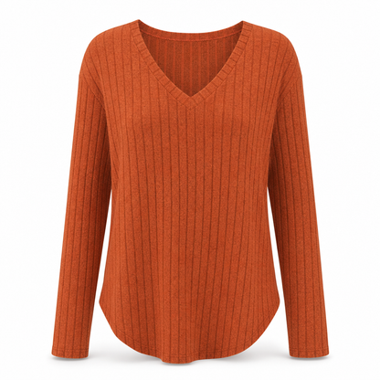 📢🎉50%Rabatt!!!🛍️✨Damen Übergrößen V-Ausschnitt Langarm Geripptes Gebürstetes T-Shirt Locker Sitzendes Einfarbiges Pullover-Oberteil