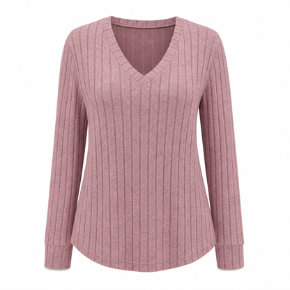 📢🎉50%Rabatt!!!🛍️✨Damen Übergrößen V-Ausschnitt Langarm Geripptes Gebürstetes T-Shirt Locker Sitzendes Einfarbiges Pullover-Oberteil