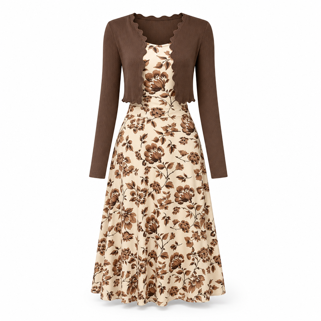 📢🎉50%Rabatt!!!🛍️✨2-teiliges Set: Damen Vintage-Blumen-Trägerkleid und kurz geschnittene Rippstrick-Strickjacke