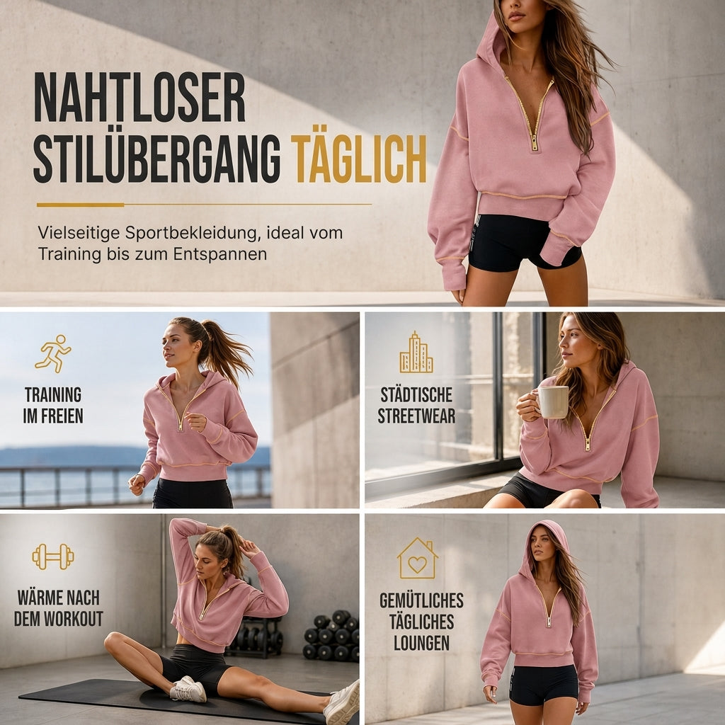 📢🎉50%Rabatt!!!🛍️✨Damen-Kurzformatiges Hoodie mit Reißverschluss und Kontrastbesatz, langärmelig,Sweatshirt für Herbst und Winter