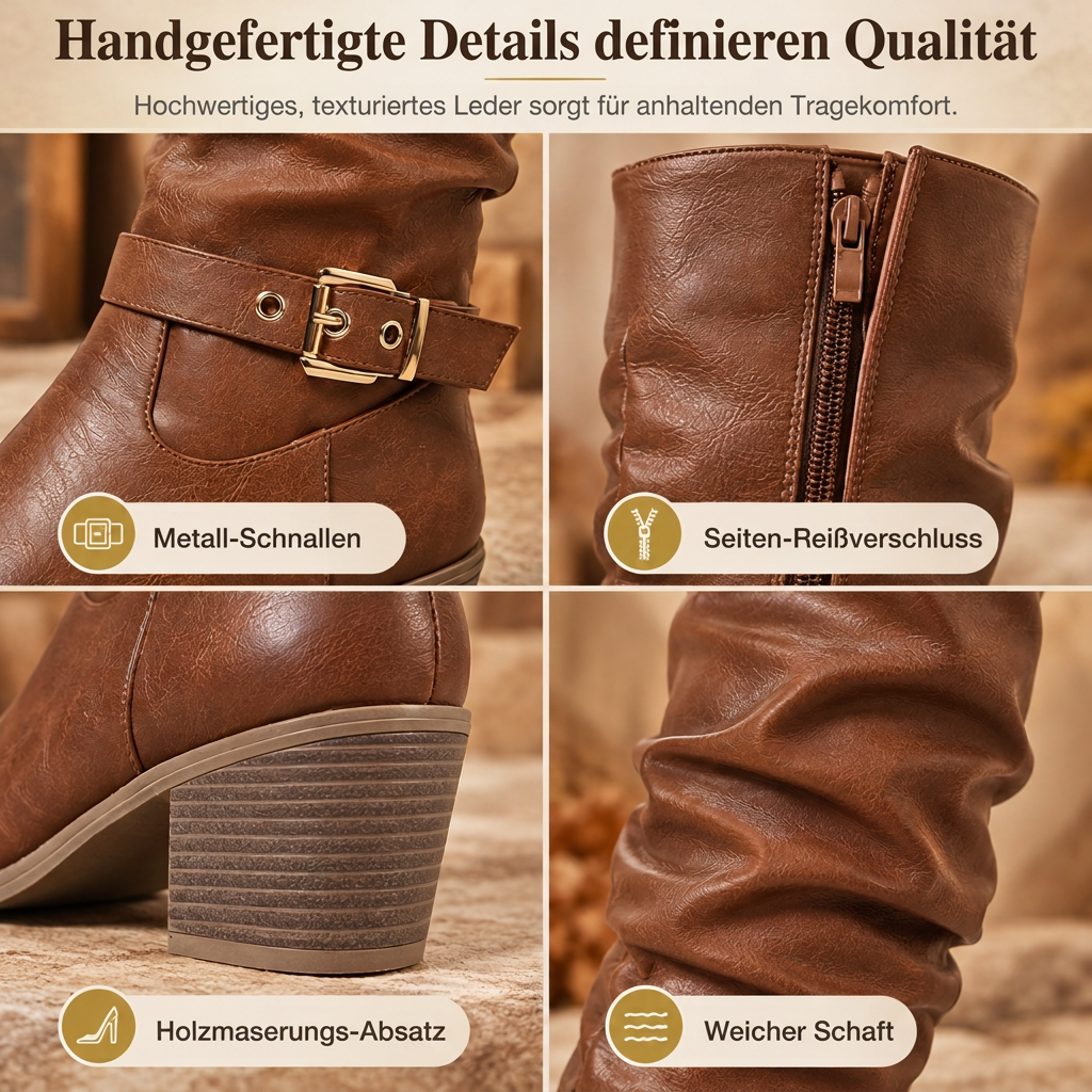 🎉Top Angebot! Jetzt kaufen!🎉 Damen Kniehohe Western Stiefel Vintage Klotzabsatz Schlampige Reitstiefel mit Seitlichem Reißverschluss und Schnalle, Runde Zehenpartie