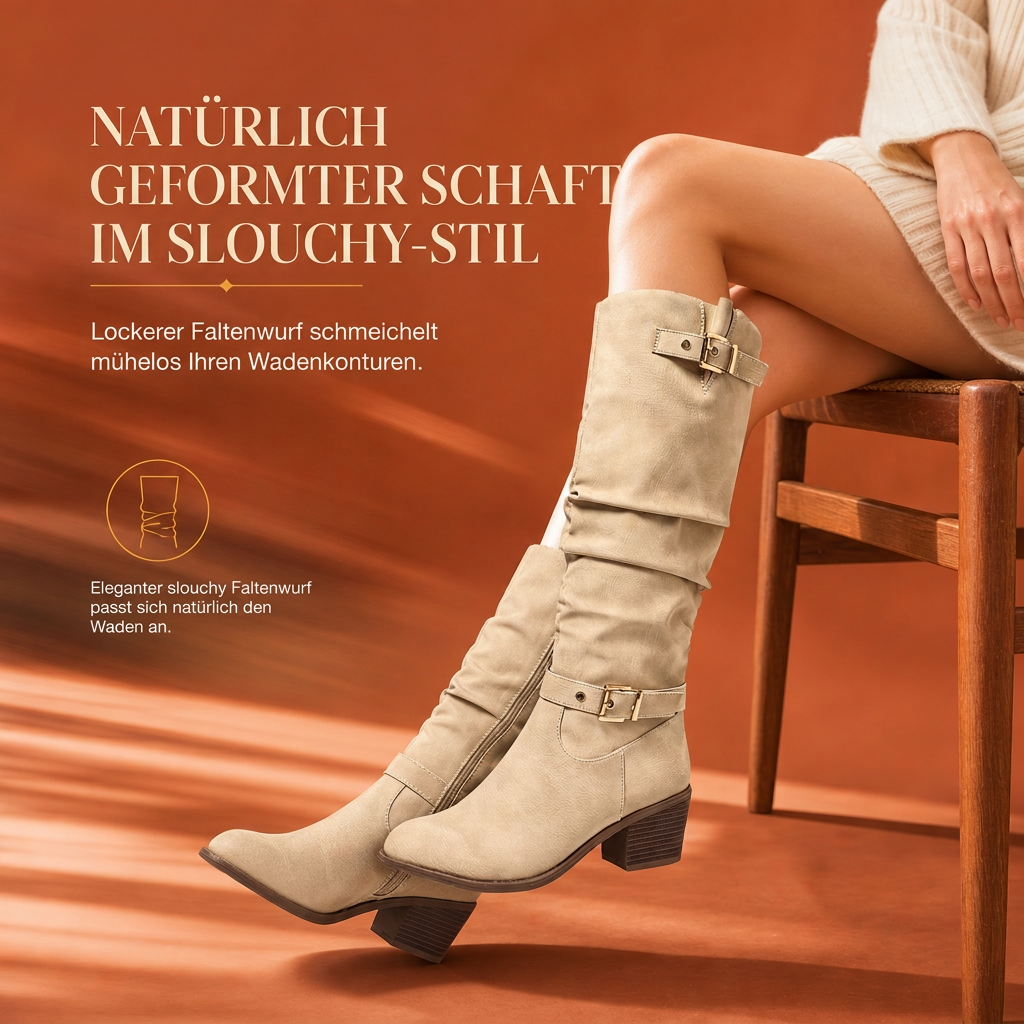 🎉Top Angebot! Jetzt kaufen!🎉 Damen Kniehohe Western Stiefel Vintage Klotzabsatz Schlampige Reitstiefel mit Seitlichem Reißverschluss und Schnalle, Runde Zehenpartie