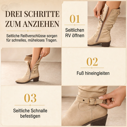 🎉Top Angebot! Jetzt kaufen!🎉 Damen Kniehohe Western Stiefel Vintage Klotzabsatz Schlampige Reitstiefel mit Seitlichem Reißverschluss und Schnalle, Runde Zehenpartie