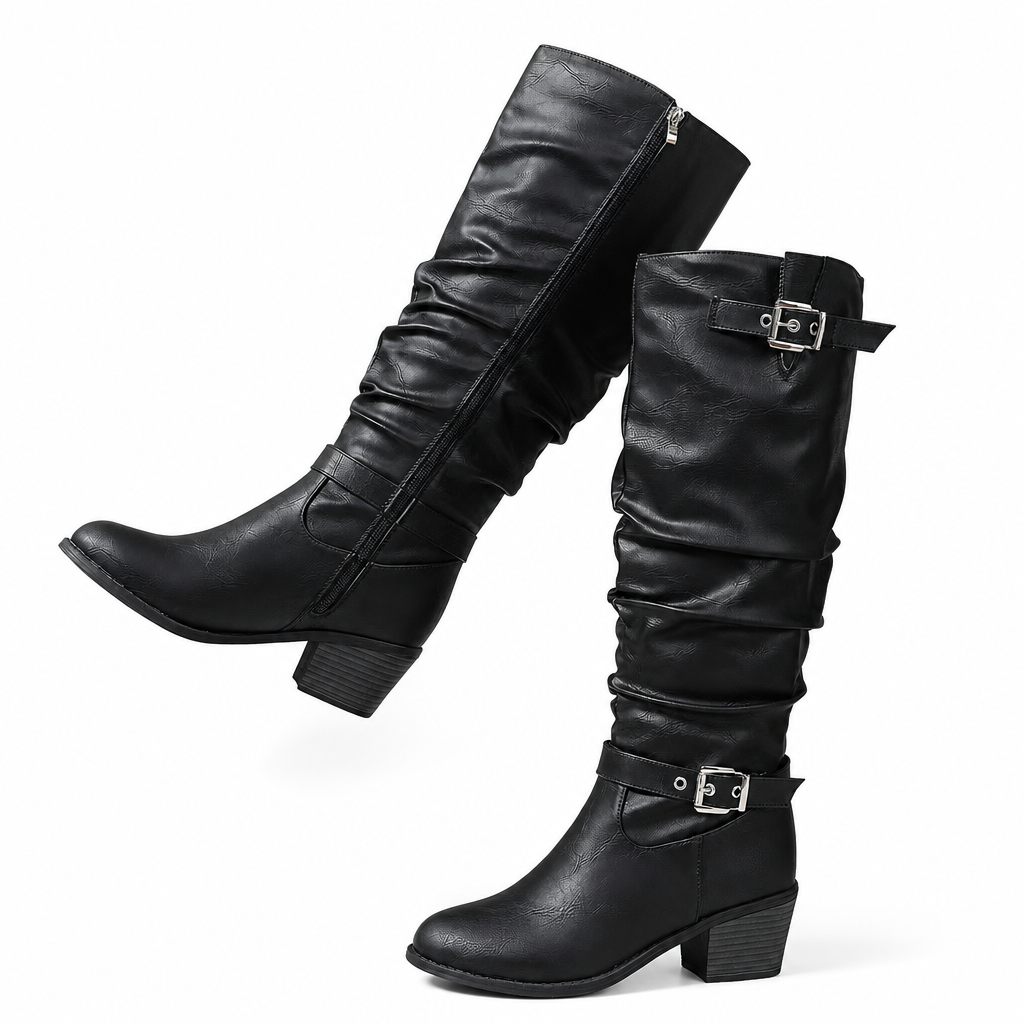 🎉Top Angebot! Jetzt kaufen!🎉 Damen Kniehohe Western Stiefel Vintage Klotzabsatz Schlampige Reitstiefel mit Seitlichem Reißverschluss und Schnalle, Runde Zehenpartie