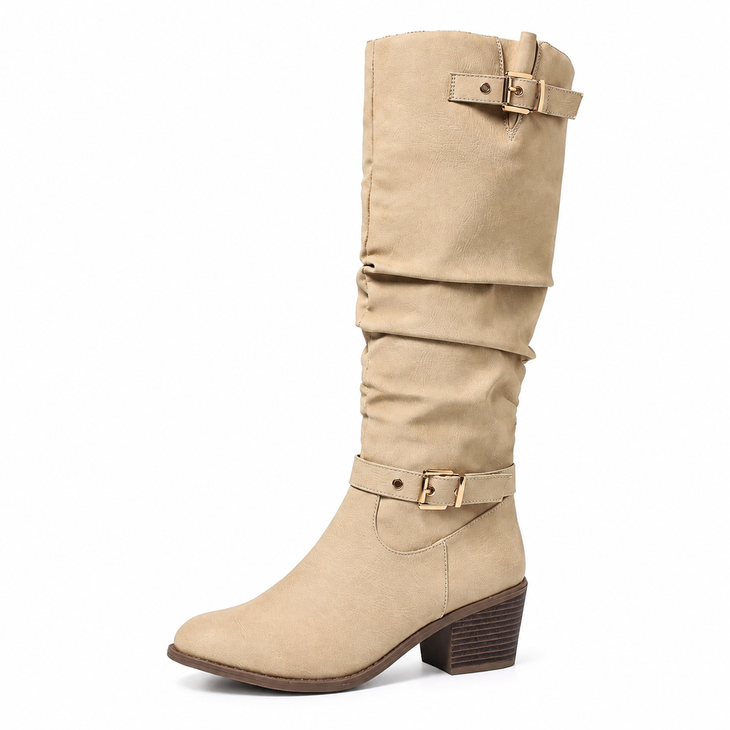 🎉Top Angebot! Jetzt kaufen!🎉 Damen Kniehohe Western Stiefel Vintage Klotzabsatz Schlampige Reitstiefel mit Seitlichem Reißverschluss und Schnalle, Runde Zehenpartie