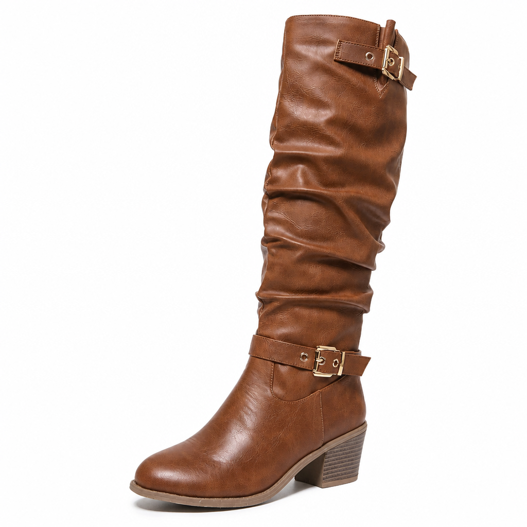 🎉Top Angebot! Jetzt kaufen!🎉 Damen Kniehohe Western Stiefel Vintage Klotzabsatz Schlampige Reitstiefel mit Seitlichem Reißverschluss und Schnalle, Runde Zehenpartie